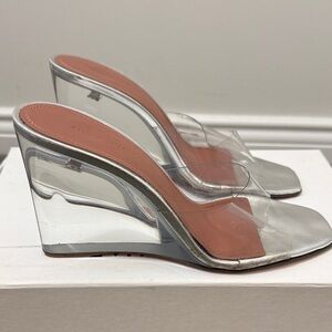 Amina Muaddi Lupita Glass Clear PVC Wedge Mules with Silver Accents